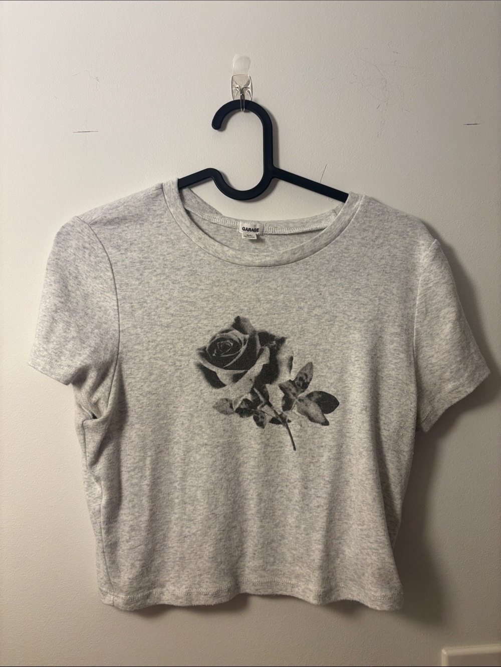 Garage Light Gray Crop Tee with Black Rose Print